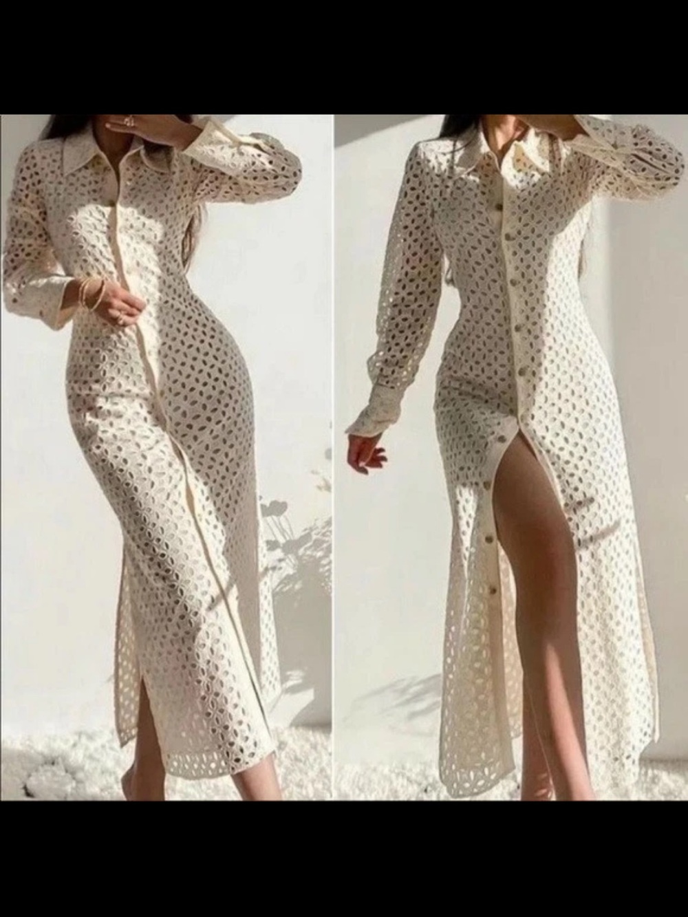 Zara Cream Crochet Long Sleeve Button-Front Maxi Dress